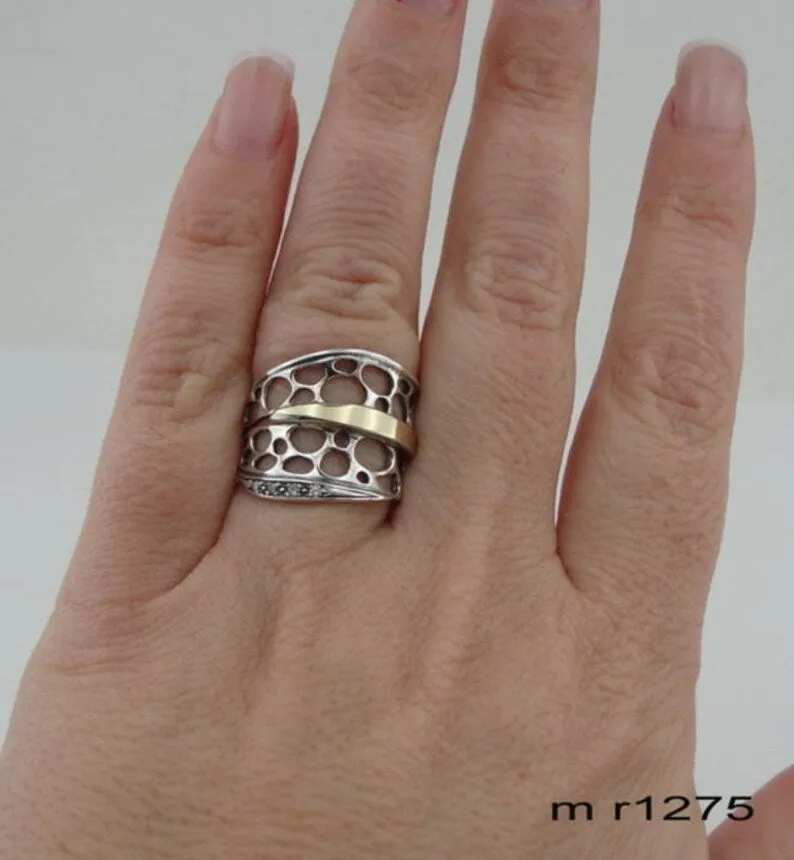 Hadar Designers 9k Yellow Gold 925 Silver Zircon Ring Israel Art (Ms)