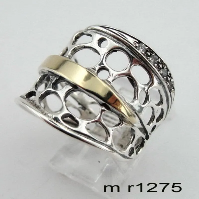 Hadar Designers 9k Yellow Gold 925 Silver Zircon Ring Israel Art (Ms)