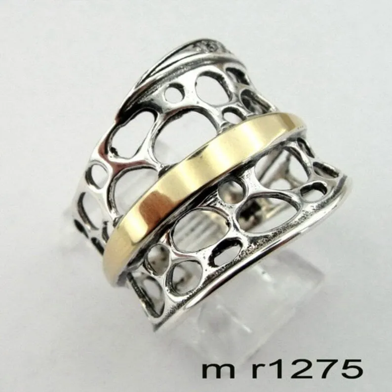 Hadar Designers 9k Yellow Gold 925 Silver Zircon Ring Israel Art (Ms)