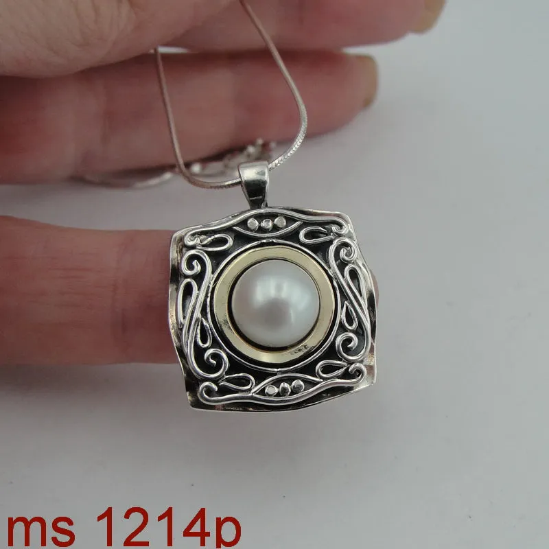 Hadar Designers 9k Yellow Gold Sterling Silver Pearl Pendant Handmade (ms 1214)