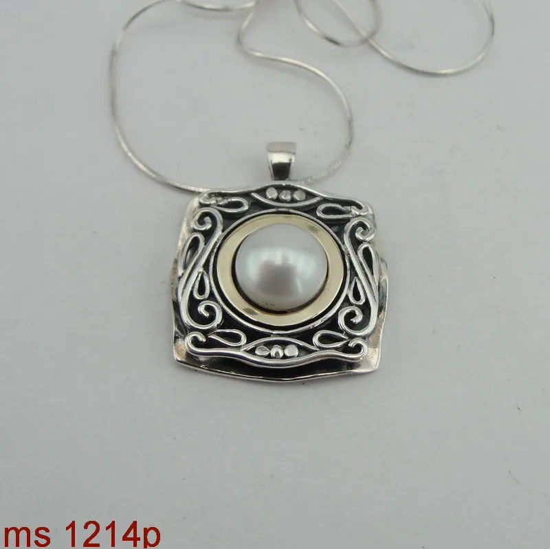 Hadar Designers 9k Yellow Gold Sterling Silver Pearl Pendant Handmade (ms 1214)
