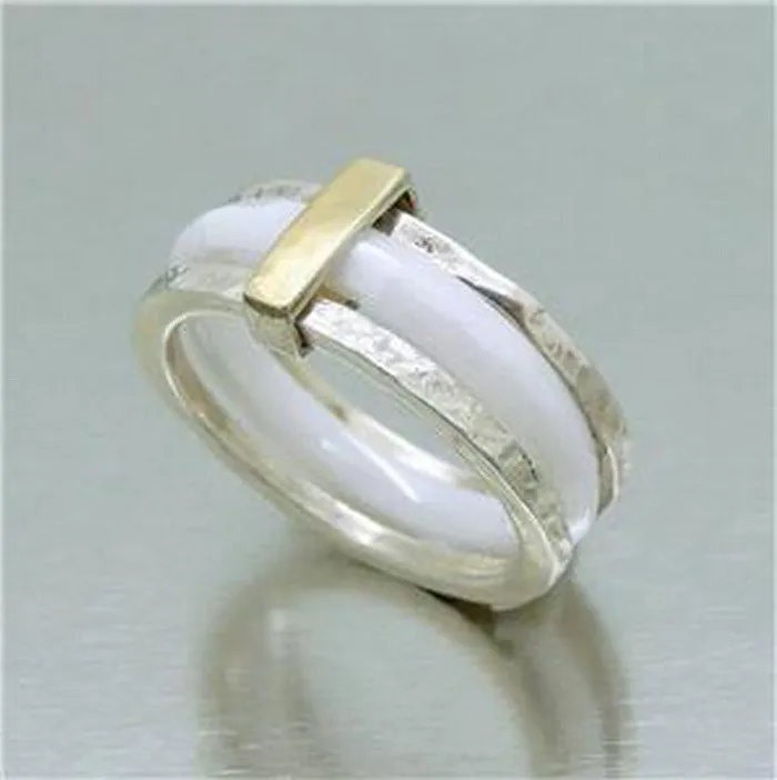 Hadar Designers 9k yellow Gold Sterling Silver White Ceramic Ring (I r886
