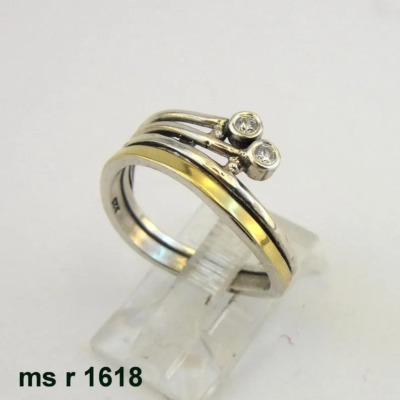Hadar Designers 9k Yellow Gold Sterling Silver Zircon Ring, Handmade (MS