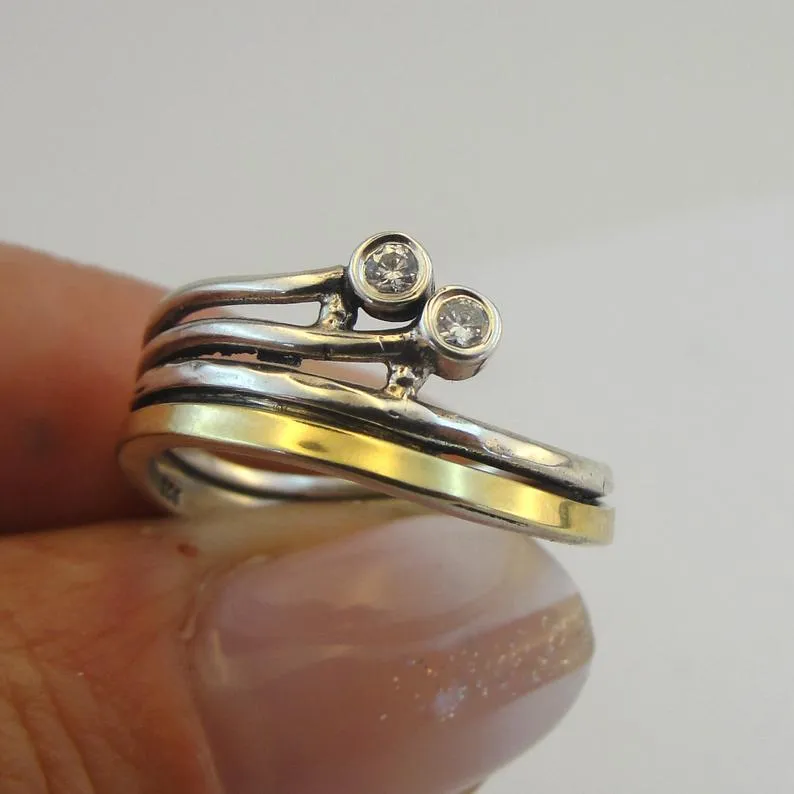 Hadar Designers 9k Yellow Gold Sterling Silver Zircon Ring, Handmade (MS