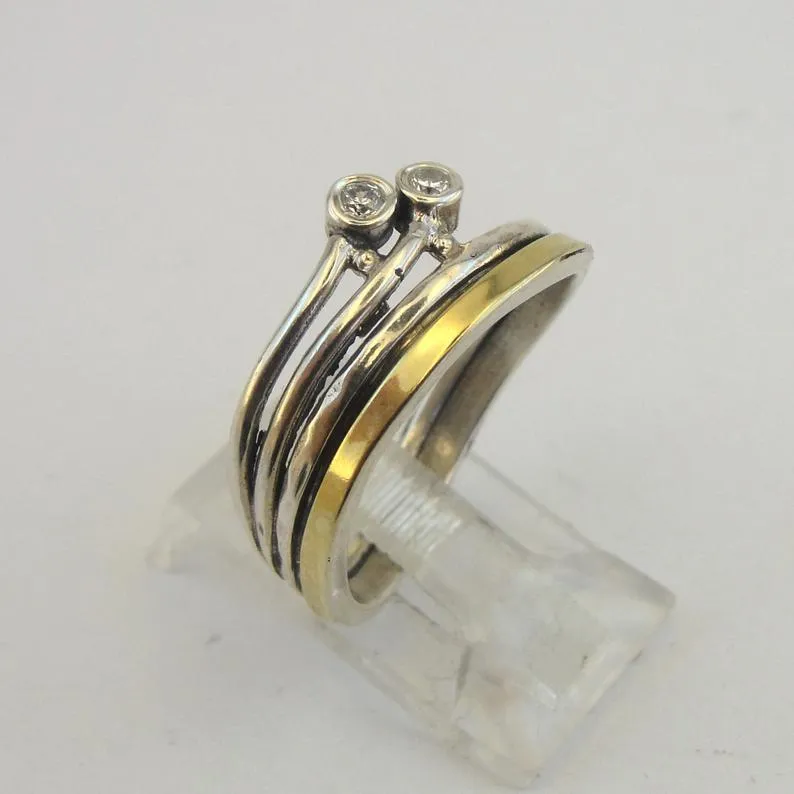 Hadar Designers 9k Yellow Gold Sterling Silver Zircon Ring, Handmade (MS