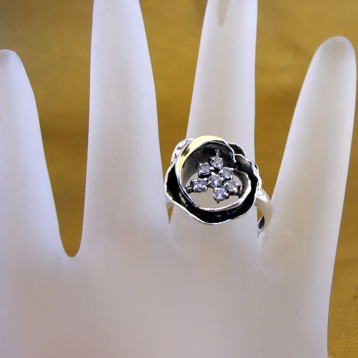 Hadar Designers 9k Yellow Gold White Zircon Ring 925 Silver, Handmade(MS