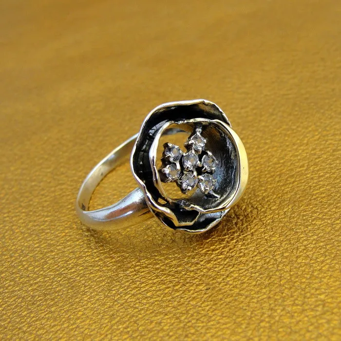 Hadar Designers 9k Yellow Gold White Zircon Ring 925 Silver, Handmade(MS