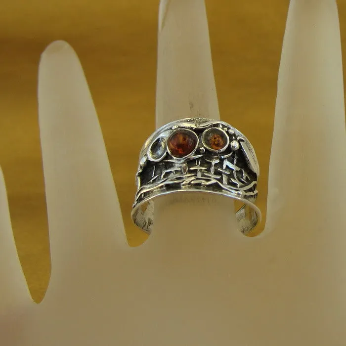 Hadar Designers Amber Ring size 7,7.5 Handmade 925 Sterling Silver (H) SALE