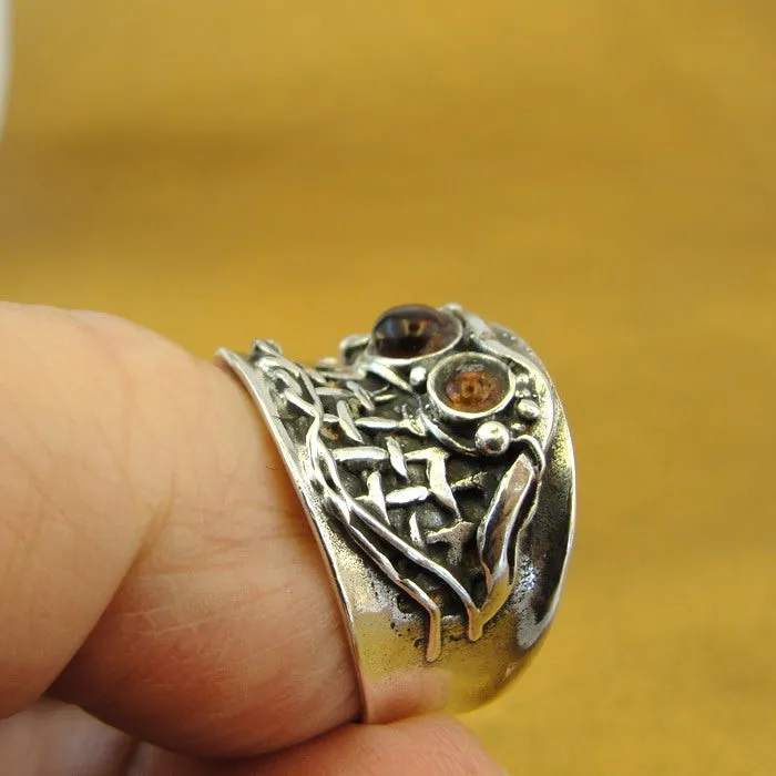 Hadar Designers Amber Ring size 7,7.5 Handmade 925 Sterling Silver (H) SALE
