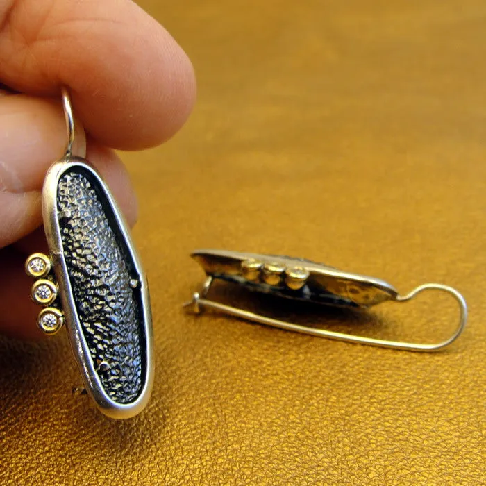 Hadar Designers Black Lava Earrings 925 Sterling Silver Zircon Handmade Long (MS