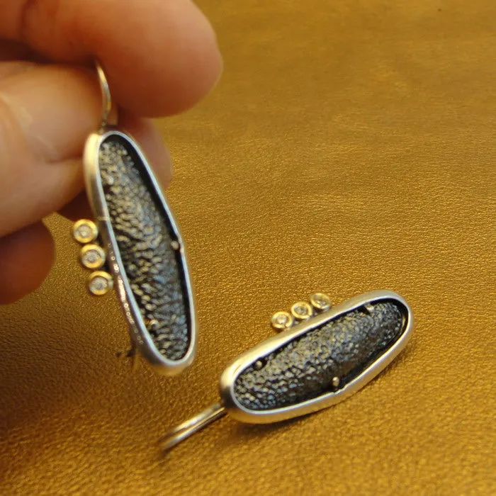 Hadar Designers Black Lava Earrings 925 Sterling Silver Zircon Handmade Long (MS