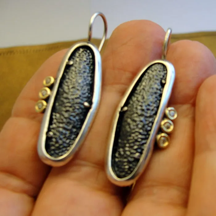 Hadar Designers Black Lava Earrings 925 Sterling Silver Zircon Handmade Long (MS