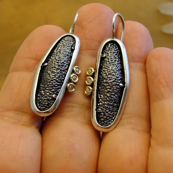 Hadar Designers Black Lava Earrings 925 Sterling Silver Zircon Handmade Long (MS