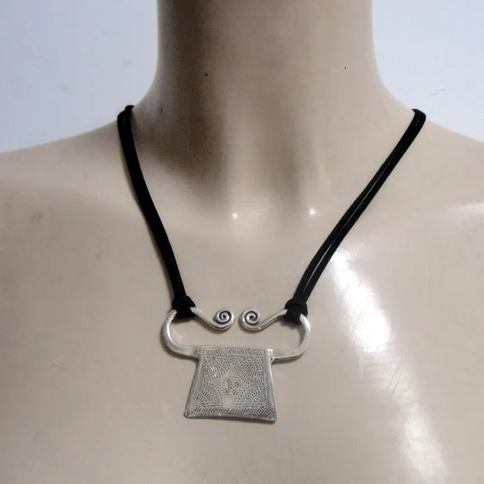 Hadar Designers Black Leather Pendant 925 Sterling Silver Handmade Artistic (H