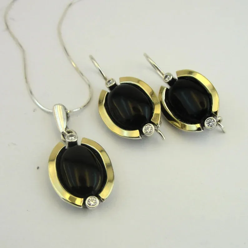 Hadar Designers black onyx pendant 9k yellow gold 925 silver handmade (ms 1540)