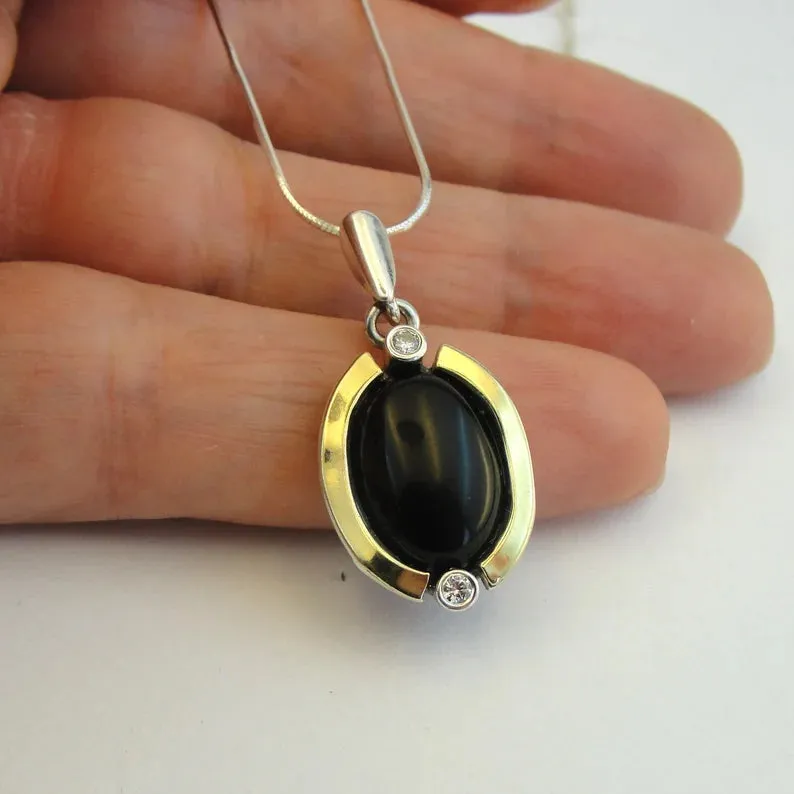 Hadar Designers black onyx pendant 9k yellow gold 925 silver handmade (ms 1540)