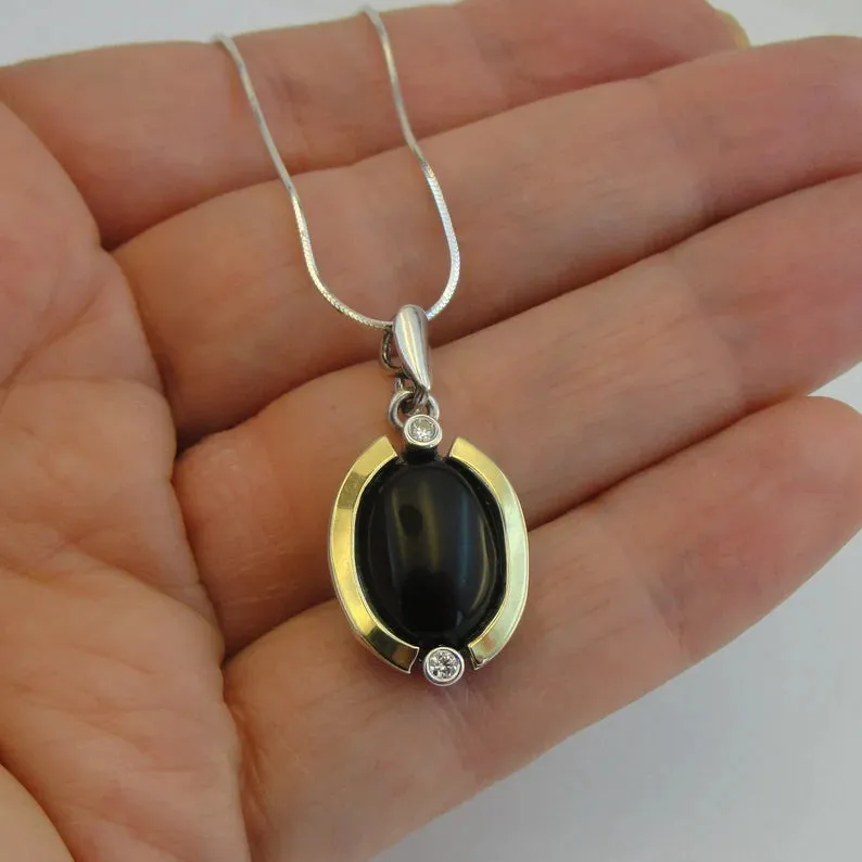 Hadar Designers black onyx pendant 9k yellow gold 925 silver handmade (ms 1540)