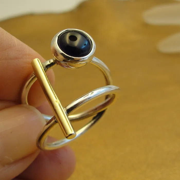 Hadar Designers Black Onyx Ring sz 6.7,8,9 Handmade 9k Gold 925 Silver (MS)8y