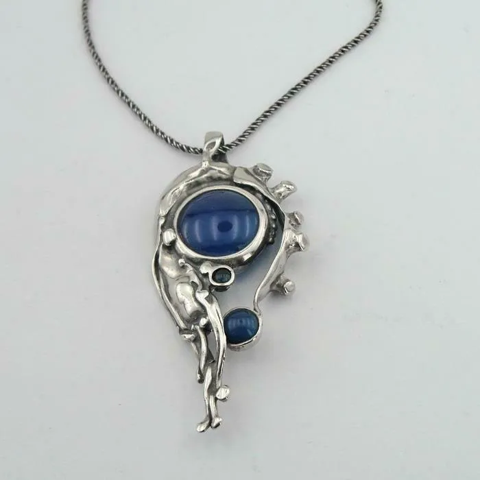 Hadar Designers blue agate pendant large 925 sterling silver art (h 439do)y