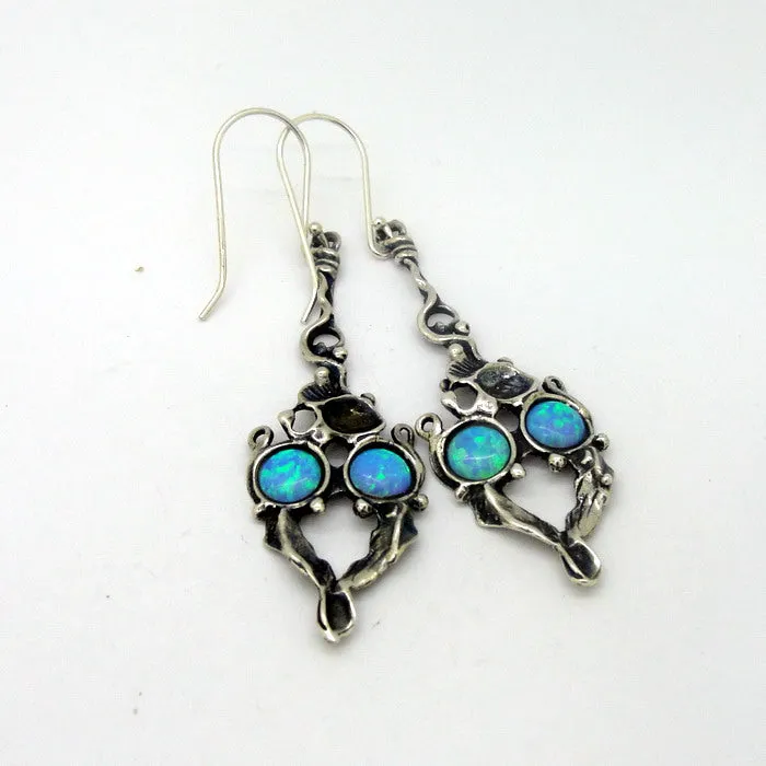 Hadar Designers Blue Opal Earrings Handmade Drop Dangle Sterling Silver (H) SALE