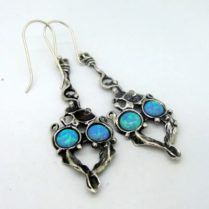Hadar Designers Blue Opal Earrings Handmade Drop Dangle Sterling Silver (H) SALE