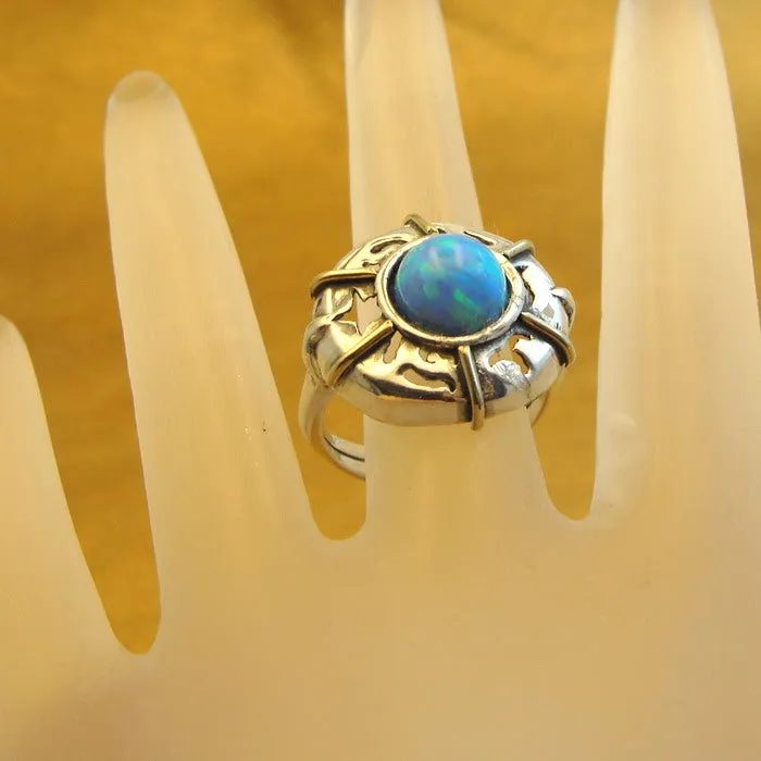 Hadar Designers Blue Opal Heart Ring 8,8.5 Handmade 9k Yellow Gold 925 Silver()Y
