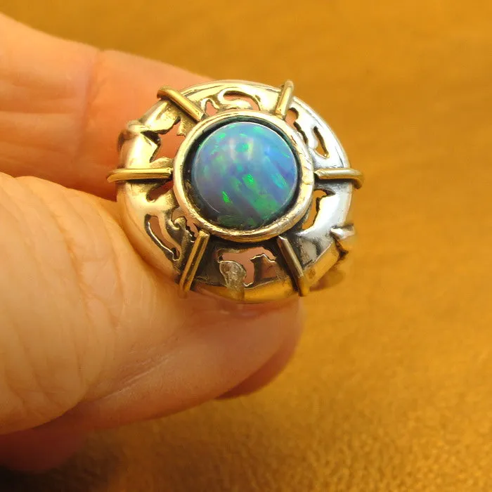 Hadar Designers Blue Opal Heart Ring 8,8.5 Handmade 9k Yellow Gold 925 Silver()Y