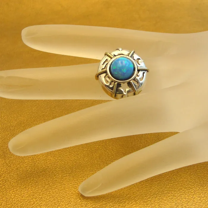 Hadar Designers Blue Opal Heart Ring 8,8.5 Handmade 9k Yellow Gold 925 Silver()Y