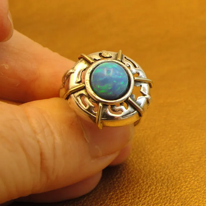 Hadar Designers Blue Opal Heart Ring 8,8.5 Handmade 9k Yellow Gold 925 Silver()Y