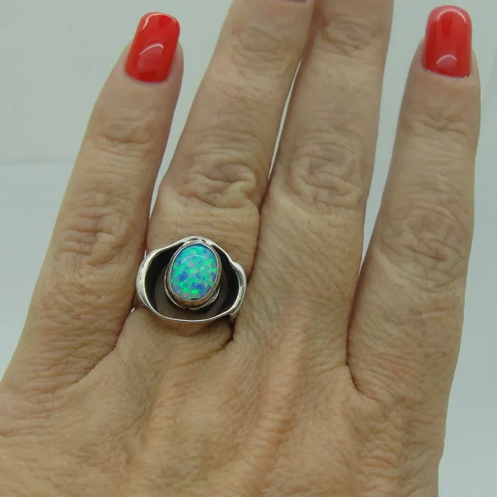 Hadar Designers Blue Opal Ring 6, 6.5 Handmade 925 Sterling Silver (H) y