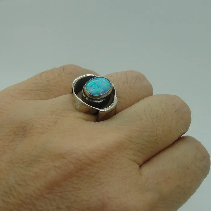 Hadar Designers Blue Opal Ring 6, 6.5 Handmade 925 Sterling Silver (H) y