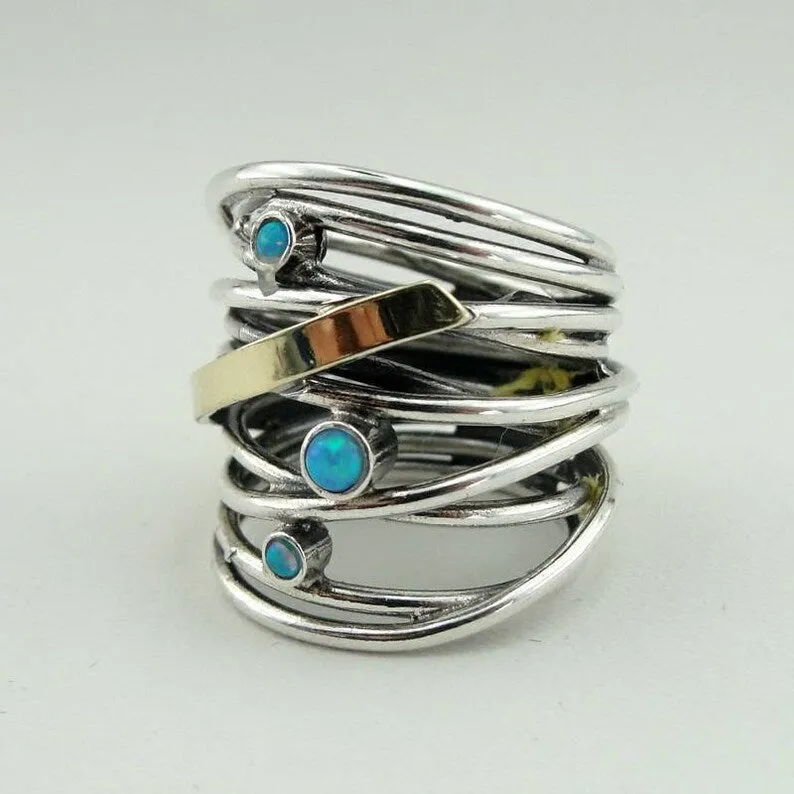 Hadar Designers Blue Opal Ring 6,7,8,9,10 9k Yellow Gold 925 Silver (Ms r1051)