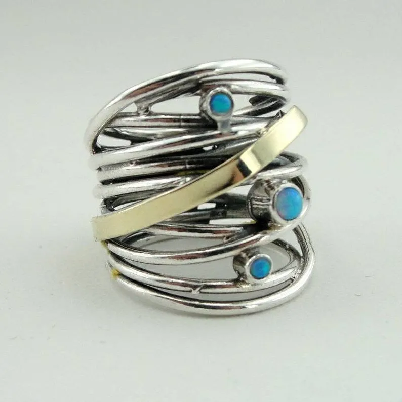 Hadar Designers Blue Opal Ring 6,7,8,9,10 9k Yellow Gold 925 Silver (Ms r1051)