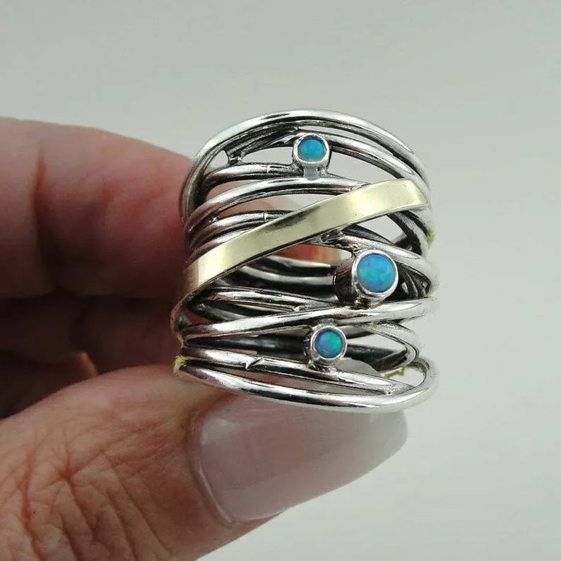 Hadar Designers Blue Opal Ring 6,7,8,9,10 9k Yellow Gold 925 Silver (Ms r1051)