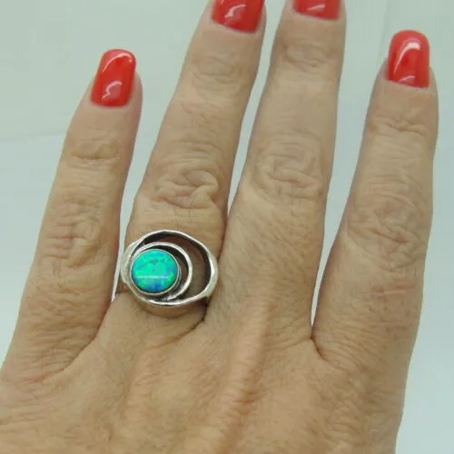 Hadar Designers blue opal ring 7, 7.5 handmade 925 sterling silver (h) y