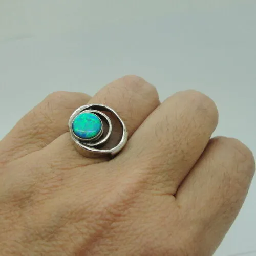 Hadar Designers blue opal ring 7, 7.5 handmade 925 sterling silver (h) y