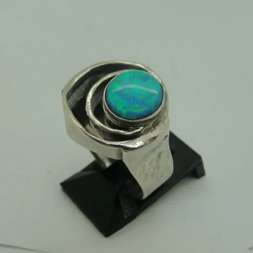 Hadar Designers blue opal ring 7, 7.5 handmade 925 sterling silver (h) y