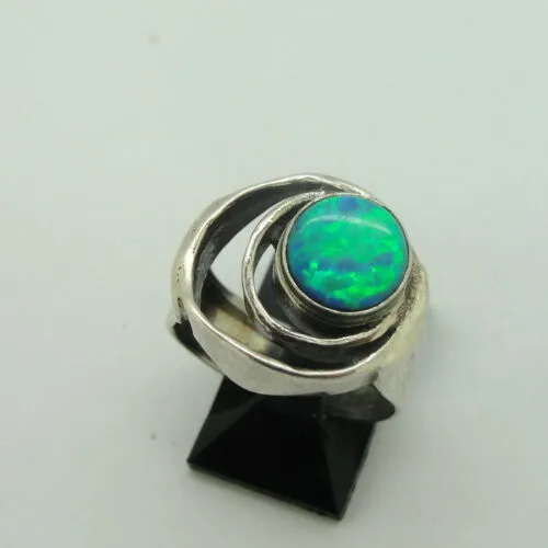 Hadar Designers blue opal ring 7, 7.5 handmade 925 sterling silver (h) y