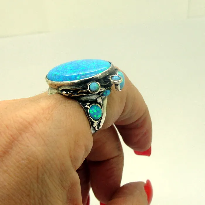 Hadar Designers Blue Opal Ring Handmade Sterling Silver size 7,8,9,10 (H 102b