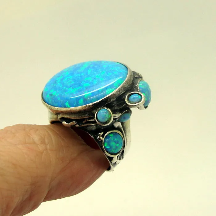 Hadar Designers Blue Opal Ring Handmade Sterling Silver size 7,8,9,10 (H 102b