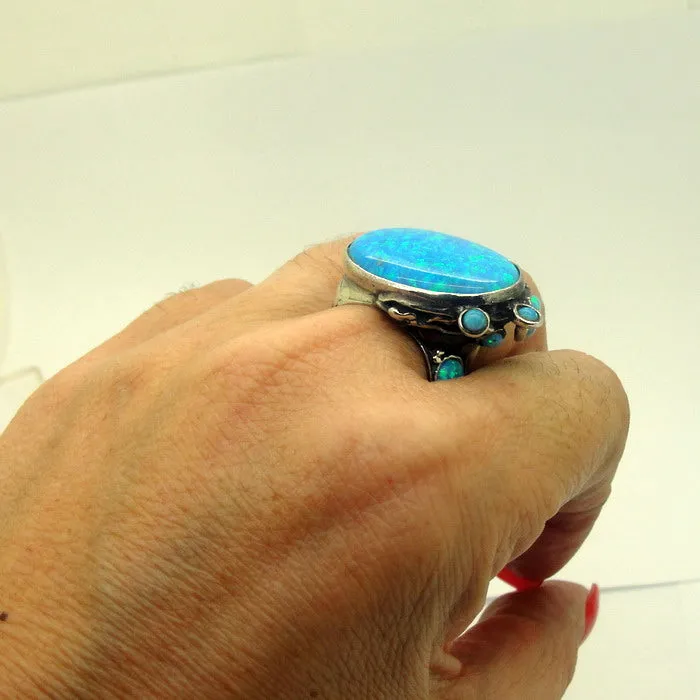 Hadar Designers Blue Opal Ring Handmade Sterling Silver size 7,8,9,10 (H 102b