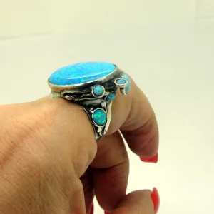 Hadar Designers Blue Opal Ring Handmade Sterling Silver size 7,8,9,10 (H 102b