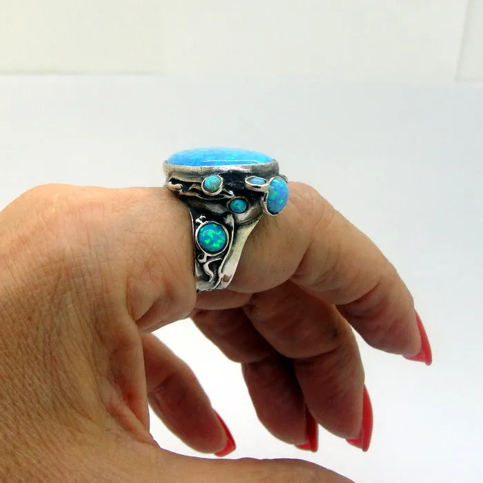 Hadar Designers Blue Opal Ring Handmade Sterling Silver size 7,8,9,10 (H 102b
