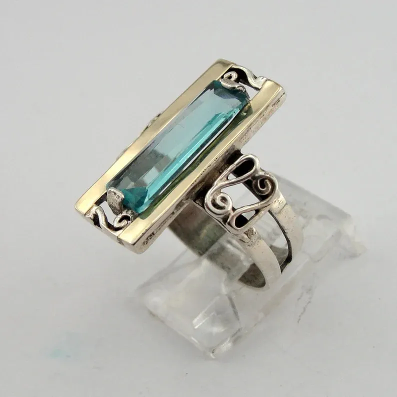 Hadar Designers Blue topaz cz Ring sz 6,7,8,9,10 Handmade 9k Gold 925 Silver (s)