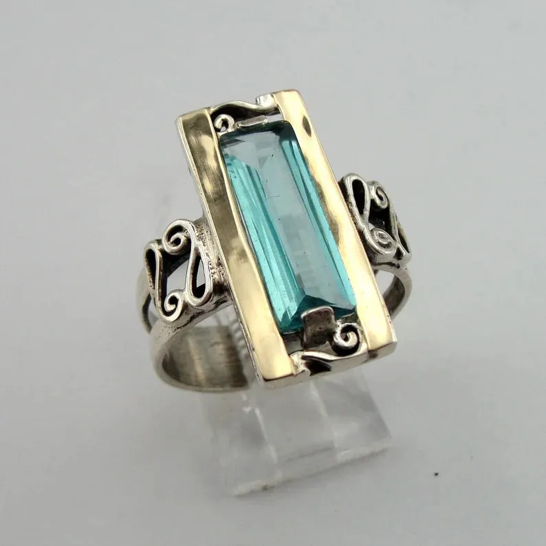 Hadar Designers Blue topaz cz Ring sz 6,7,8,9,10 Handmade 9k Gold 925 Silver (s)