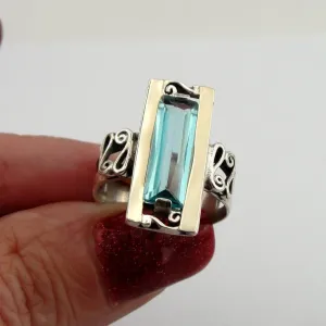 Hadar Designers Blue topaz cz Ring sz 6,7,8,9,10 Handmade 9k Gold 925 Silver (s)