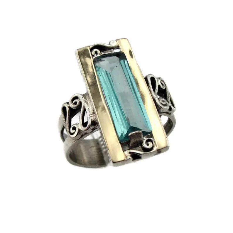 Hadar Designers Blue topaz cz Ring sz 6,7,8,9,10 Handmade 9k Gold 925 Silver (s)