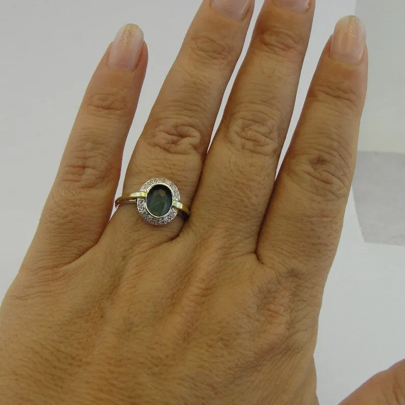 Hadar Designers blue topaz ring 5,6,7,8,9 handmade 9k yellow gold 925 silver (ms