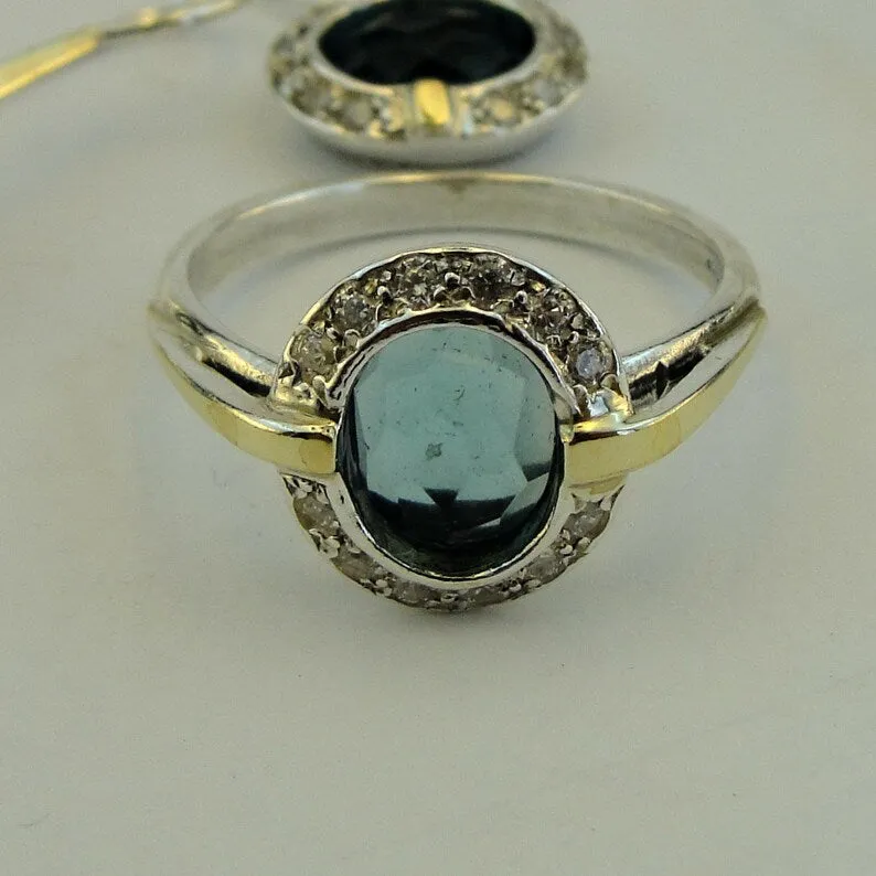 Hadar Designers blue topaz ring 5,6,7,8,9 handmade 9k yellow gold 925 silver (ms