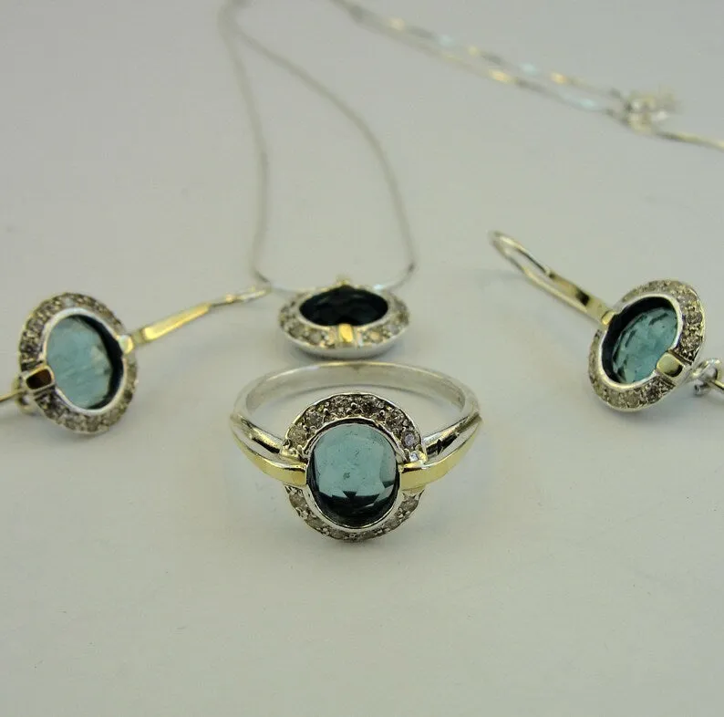 Hadar Designers blue topaz ring 5,6,7,8,9 handmade 9k yellow gold 925 silver (ms